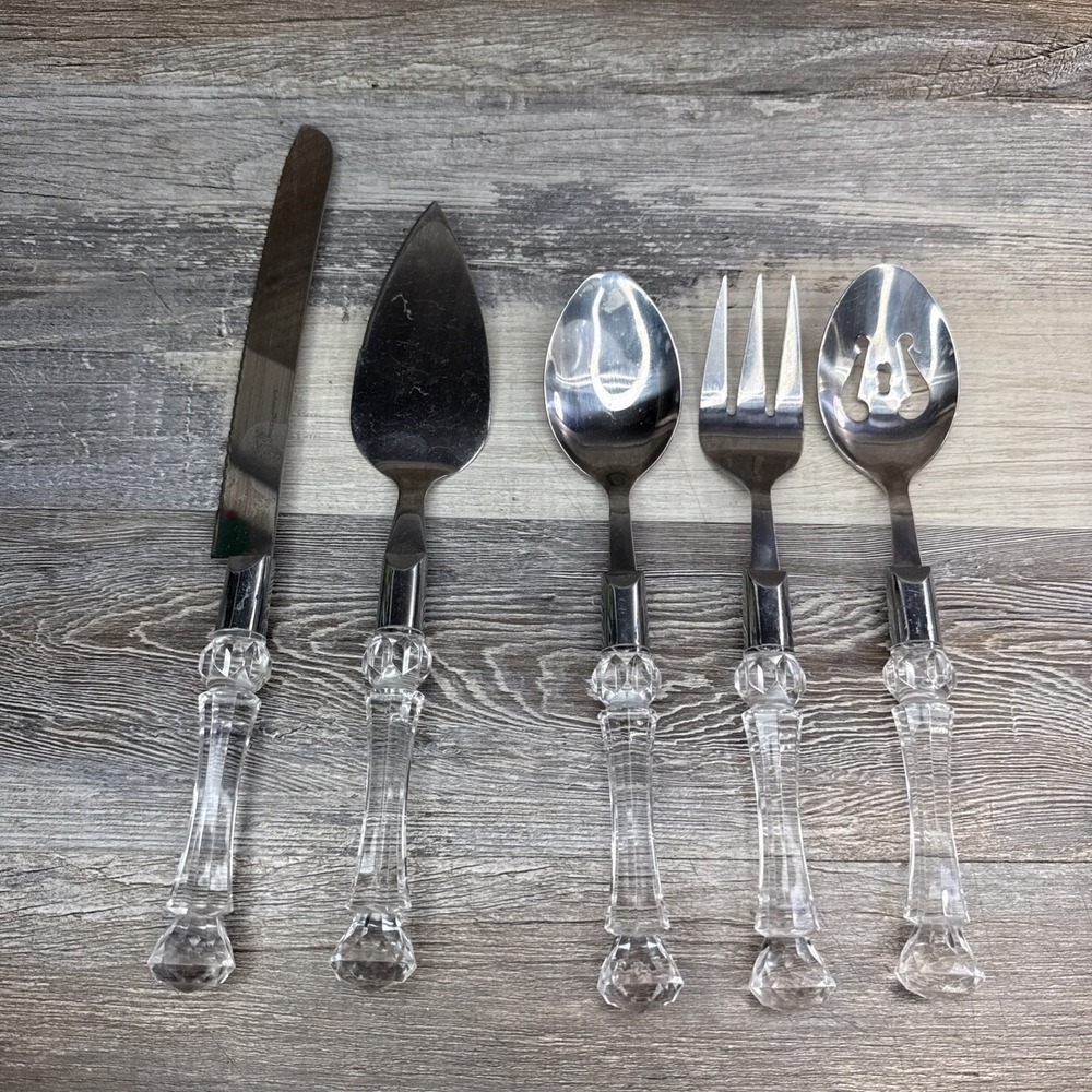 Bellamo 5pc Clear Lucite Handle Serving Set Hostess Fork Spoon Utensils MCM